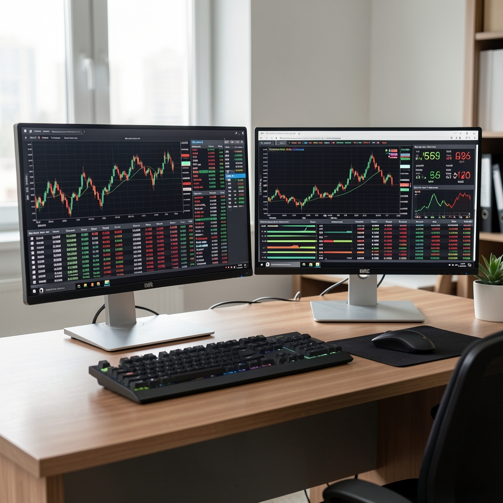 Çift monitörde BİST borsa grafikleri, hisse senedi fiyat tabloları ve teknik analiz göstergeleri gösteren trader çalışma masası ortamı