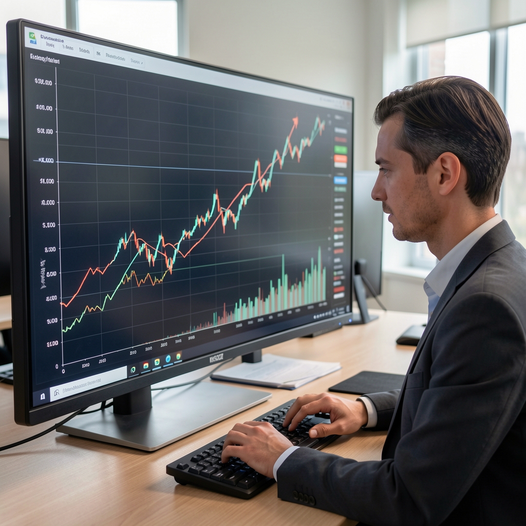 Ekonomi analisti yüksek enflasyon verilerini gösteren büyük ekran monitörler önünde çalışıyor, grafiklerde yukarı yönlü keskin trend çizgileri görünüyor