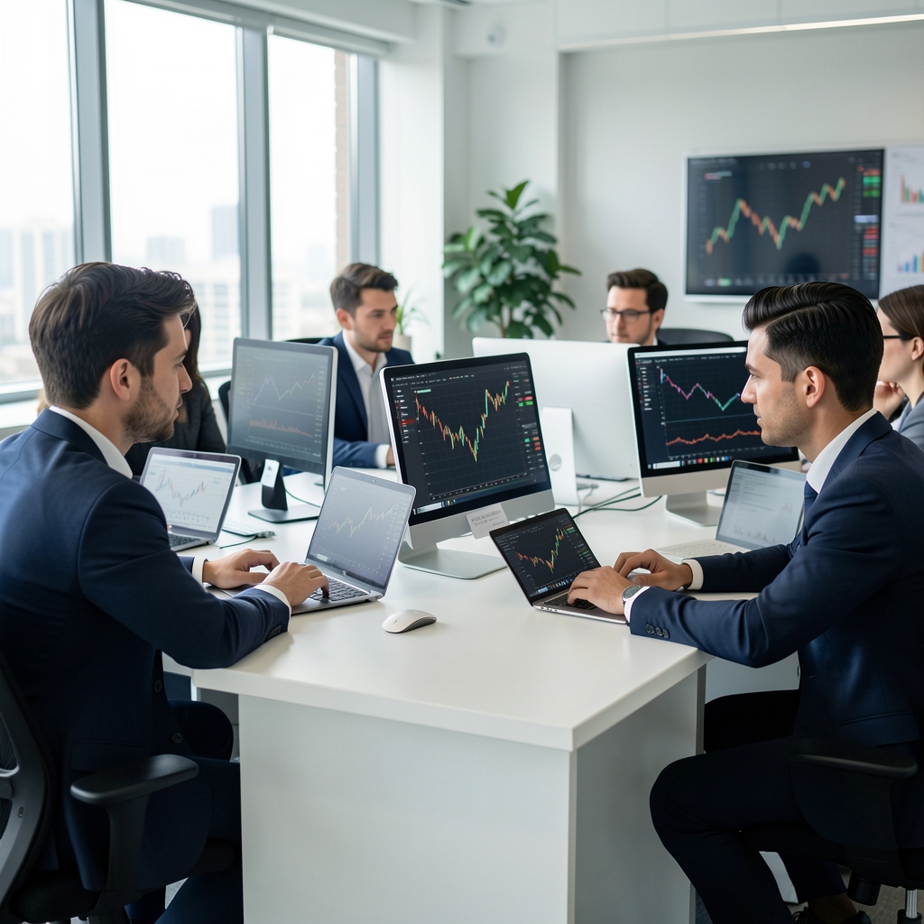 Modern, aydınlık ofis ortamında beyaz tahta başında finansal grafik ve veri analizi üzerine çalışan finans uzmanı ekibi