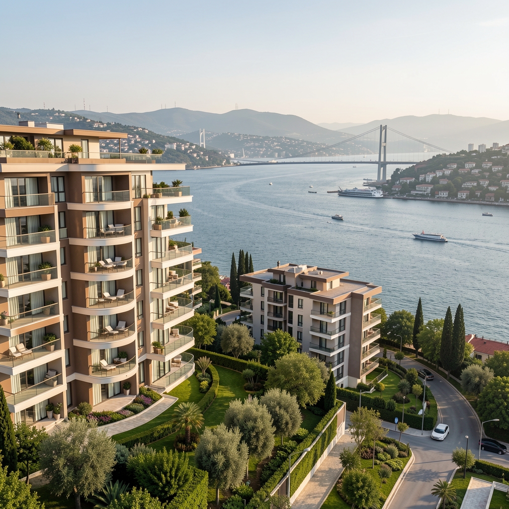 İstanbul Boğazı manzaralı modern konut kompleksi, balkonlu daireler ve yeşil peyzaj ile Türkiye gayrimenkul yatırımını temsil eden mimari fotoğraf