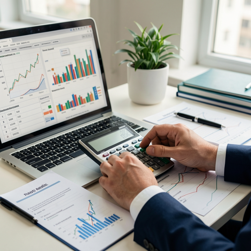 Grafik tablolar ve finansal raporların üzerinde portföy analiz yapan kişinin eller ile hesap makinesi ve not defteri