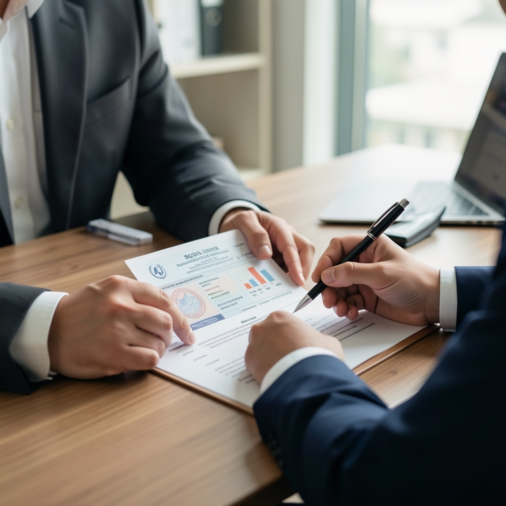 Sigorta belgesi ve kalem tutan profesyonel eller, danışmanlık masasında finansal koruma ve risk yönetimi görüşmesi